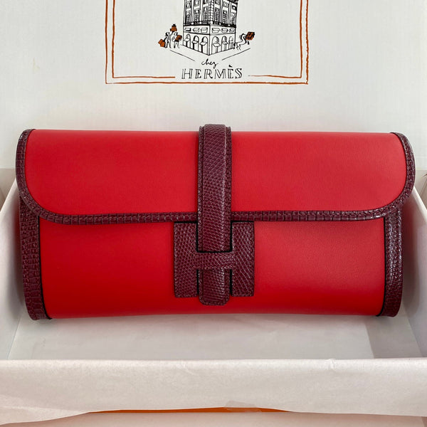 HM Jige Elan 29 Clutch In Candy Red Calfskin With Wine Red Lizard Skin (25 days of production)