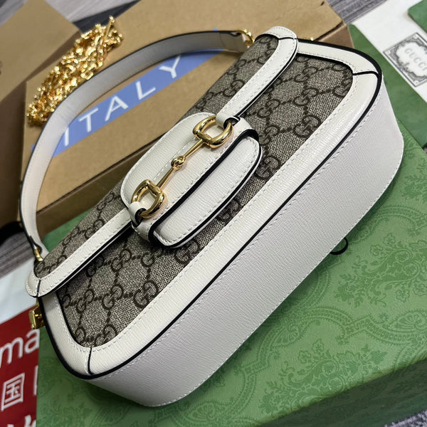 GG HORSEBIT 1955 BAG 24 IN BEIGE CANVAS AND WHITE CALFSKIN