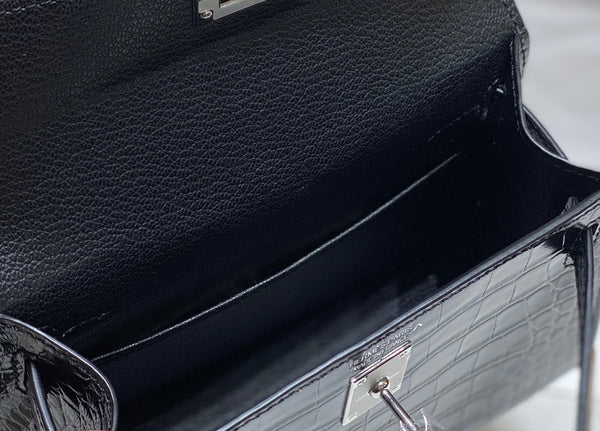 HM 25s Mini Kelly 19 Cm Black Embossed Crocodile Silver Hardware