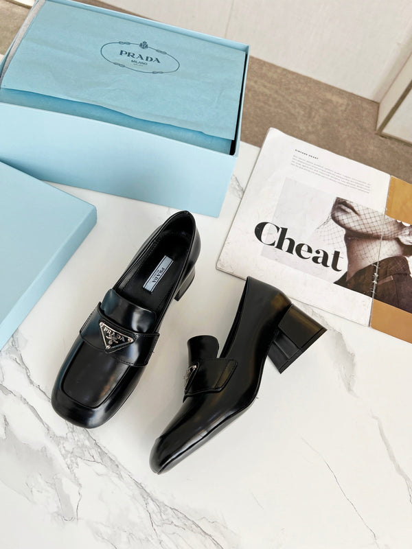 Prad 26S 5.5cm Block Heel Loafers Black Leather 147123