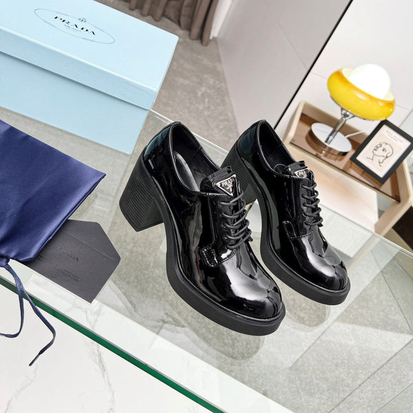 Prad 26S 8cm Lace-Up Block Heel Oxfords Black Patent Leather 147122