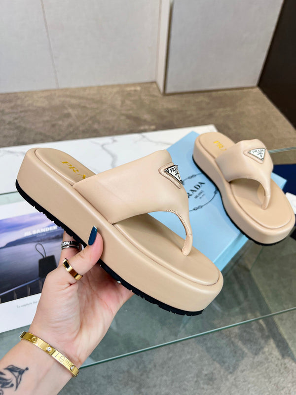 Prad 26s Platform Thong Sandals Beige Leather 140399