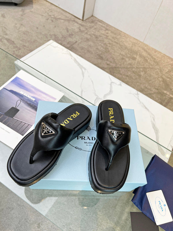 Prad 26s Platform Thong Sandals Black Leather 140401