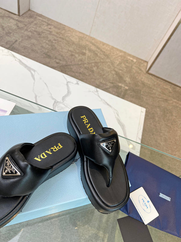Prad 26s Platform Thong Sandals Black Leather 140401