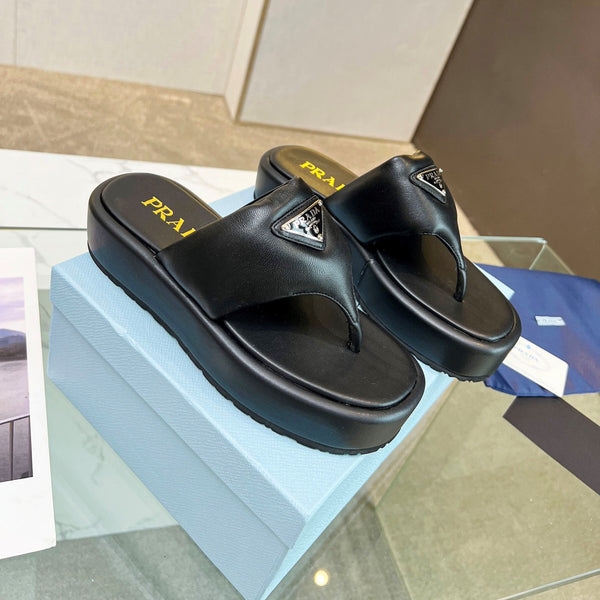 Prad 26s Platform Thong Sandals Black Leather 140401