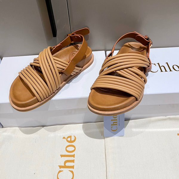CHLOÉ CROSS STRAP SANDAL IN BRONZE BROWN RUBBER WITH GOLD HARDWARE