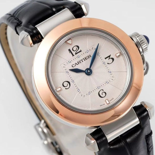 pasha 30mm quartz pink gold white dial black leather