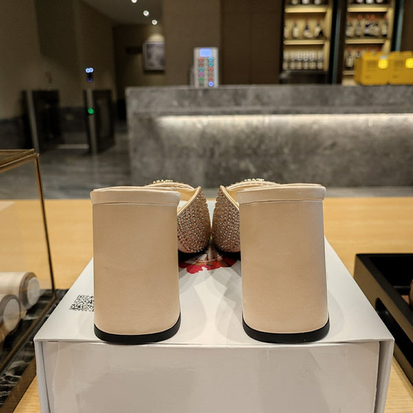 Prada 26S Open-Toe Crystal-Embellished Mules 100mm in Beige Satin