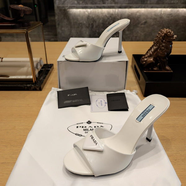 Prada 26S Open-Toe Mules 100mm in Ivory White Patent Calfskin with Logo