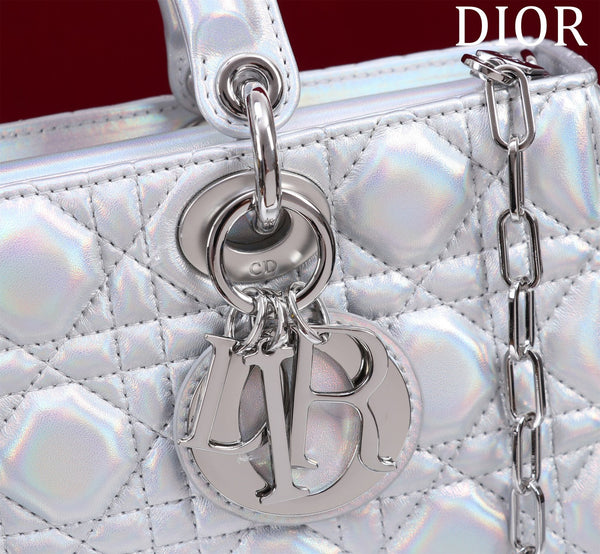 medium lady d-joy 26 silver metalic lambskin
