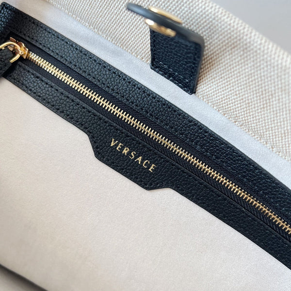 Versace Beige Denim Canvas Tote Bag 40 With Black Cowhide Handle 175561