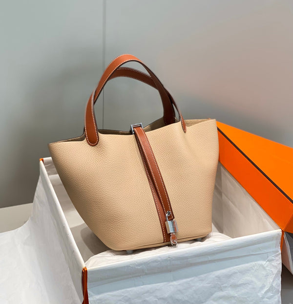 HM PICOTIN LOCK 22 BEIGE AND BROWN TOGO LEATHER