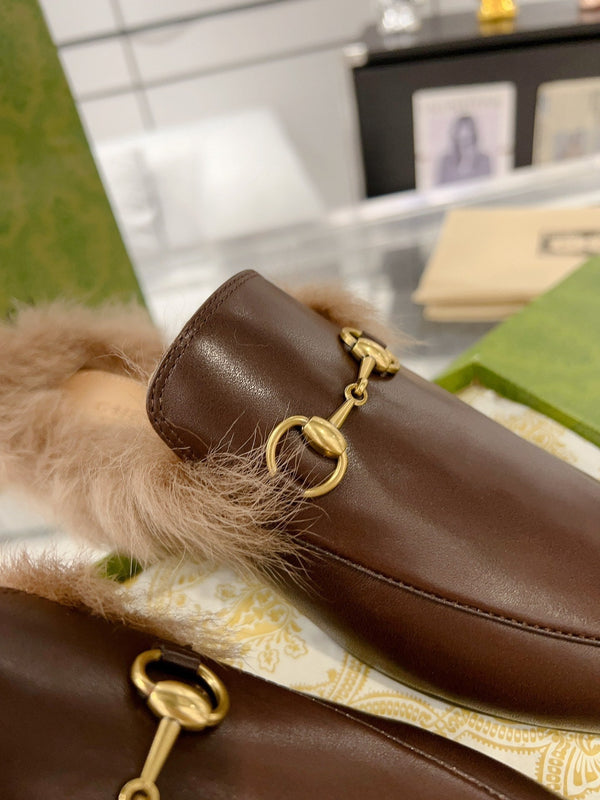 GG Princetown Slipper Brown Calfskin Tuscan Wool