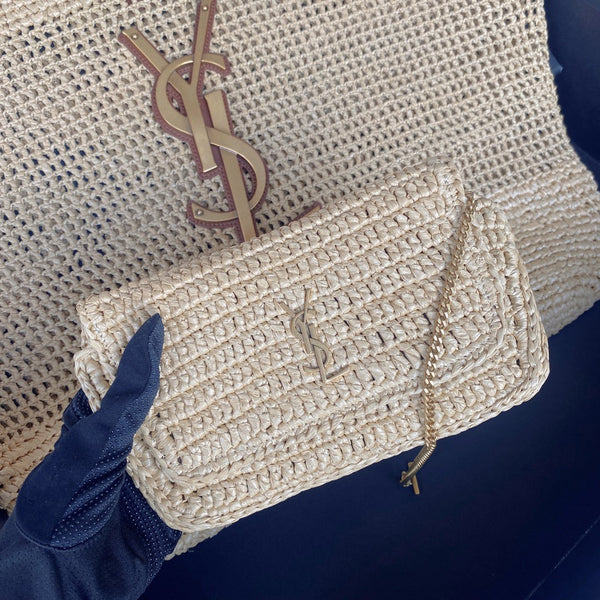 icare 58cm woven raffia brown calfskin