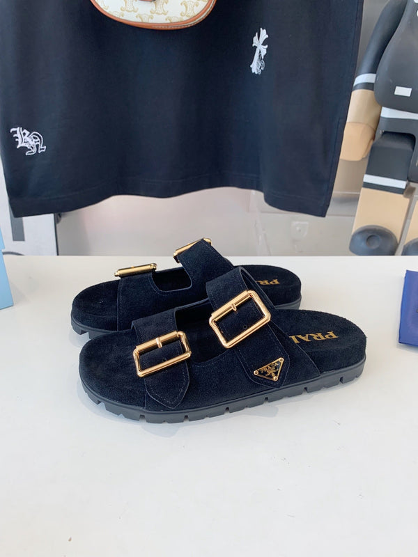 PRA STRAP SLIDES SANDALS BLACK SUEDE