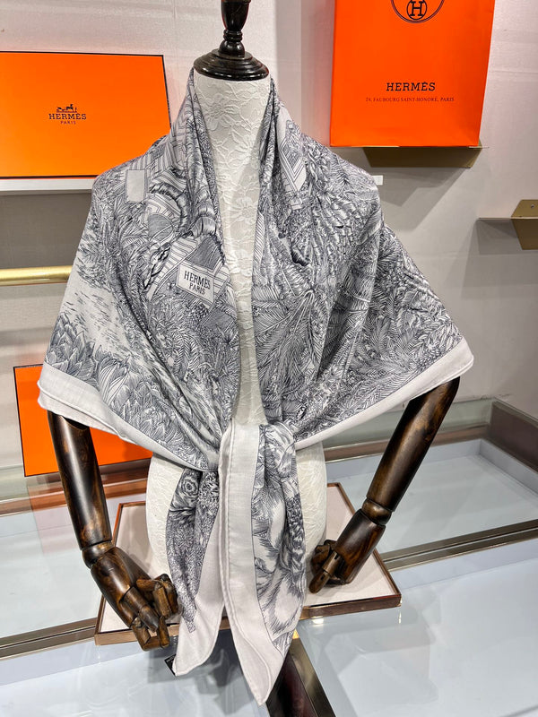 Scarf 135 CM Grey White Cashmere And Silk