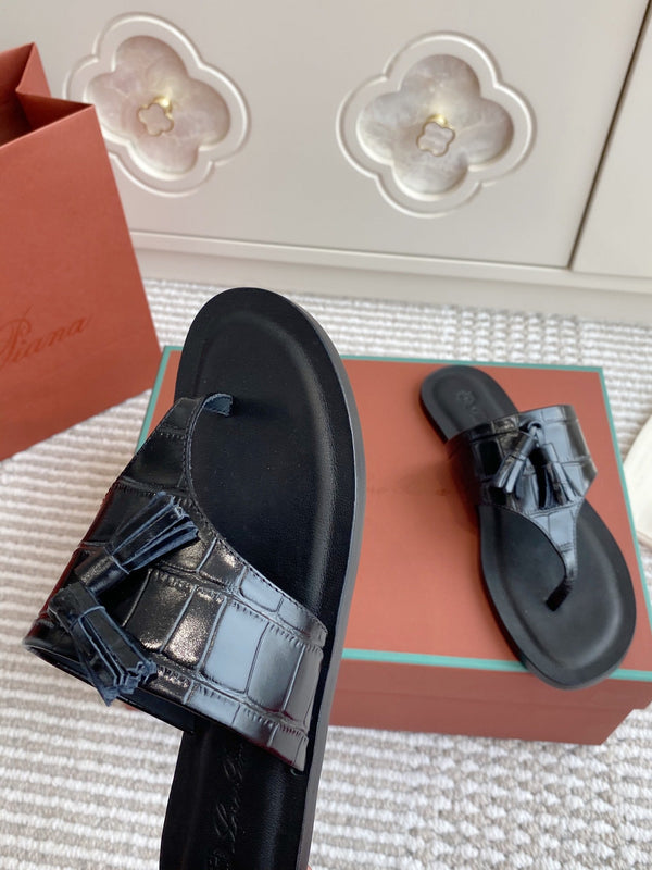LP Flip Flops In Black Lambskin Snake Embossing