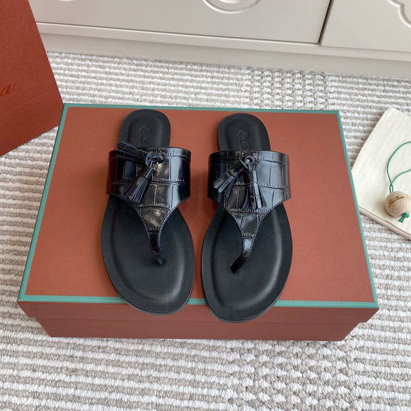 LP Flip Flops In Black Lambskin Snake Embossing