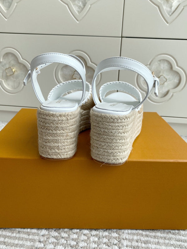 LV Beige·Raffia Straw Wedge Sandals 7.5cm White Lining Leather 291583