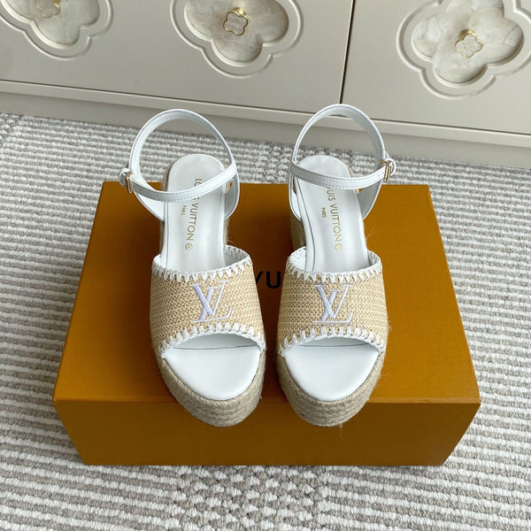 LV Beige·Raffia Straw Wedge Sandals 7.5cm White Lining Leather 291583