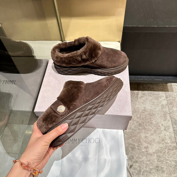 Jimmy Choo Flip Flops Dark Brown Suede Shearling Lining 538897