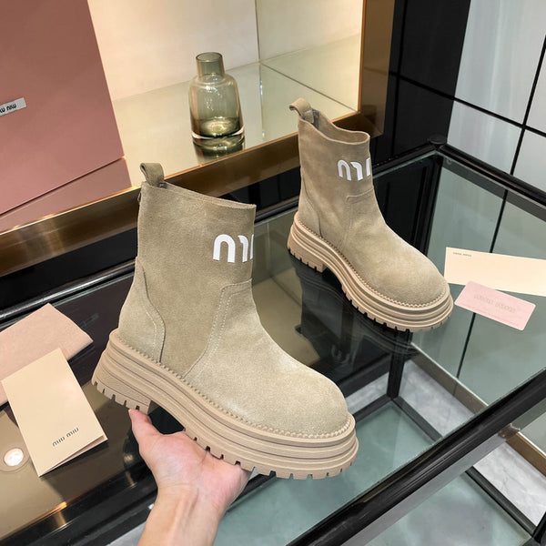 Miu 26s Logo Chunky Ankle Boots Suede