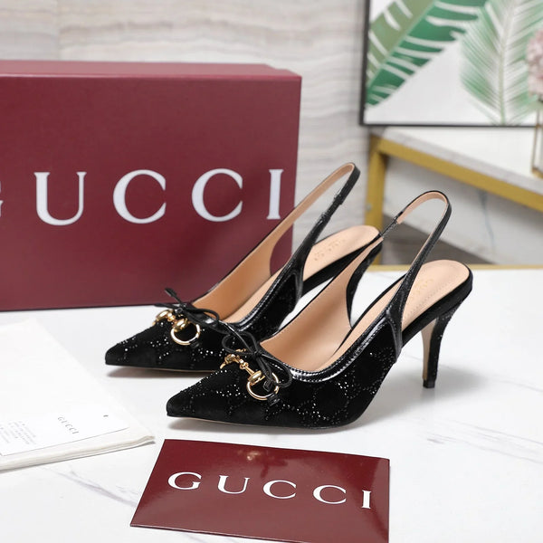 GG 26s Slingback Pumps 10cm Gold Hardware With Bow Velvet
