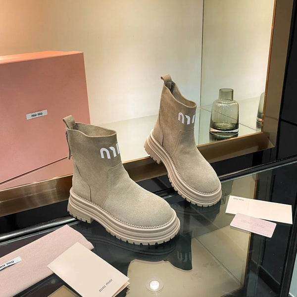 Miu 26s Logo Chunky Ankle Boots Suede
