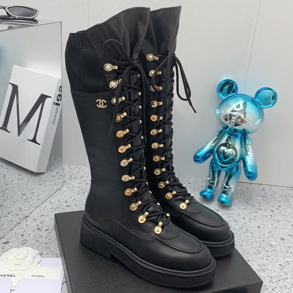 CC 2026 Knit Lace Up Combat Boots Black Calfskin 162215