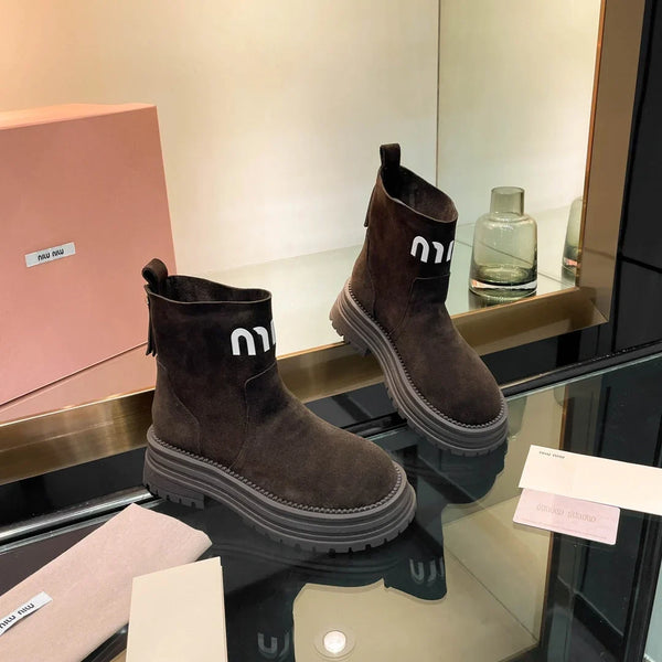 Miu 26s Logo Chunky Ankle Boots Suede