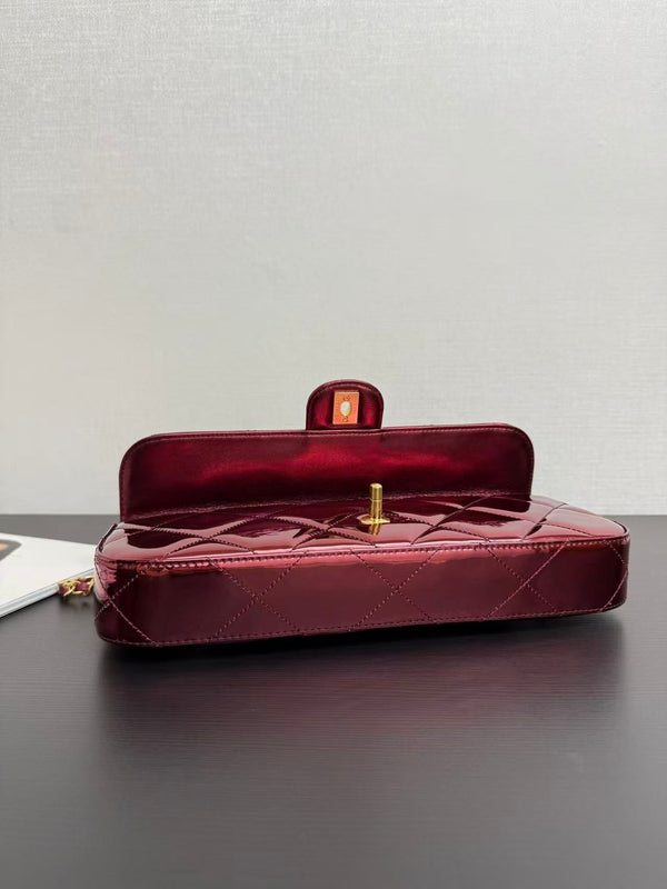 CC Large Flap Bag With Top Handle Burgundy Metallic Calfskin GHW