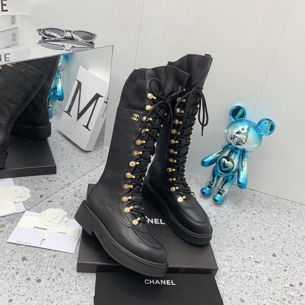 CC 2026 Knit Lace Up Combat Boots Black Calfskin 162215