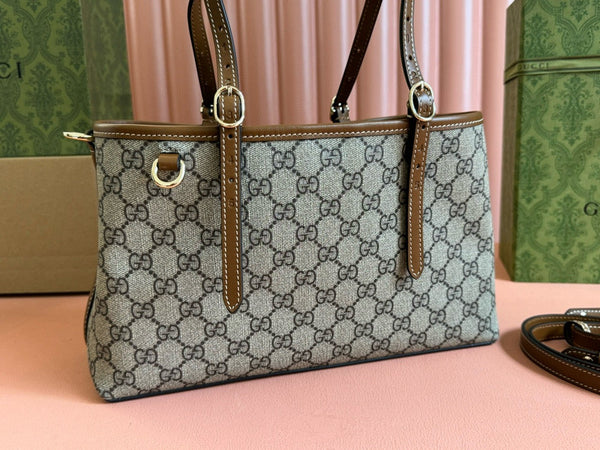 Gucci GG Emblem Small Tote Bag Beige Ebony Leather