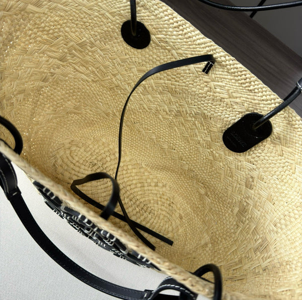 Loew Anagram Basket 46cm Beige Raffia Black Calfskin