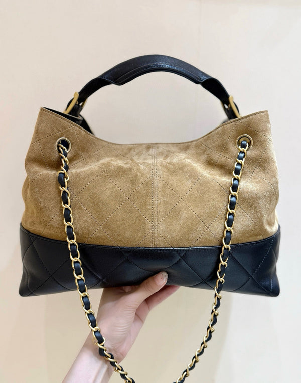 CC 25A Shopping And Bowling Hobo Bags 36cm Brown Suede Black Lambskin