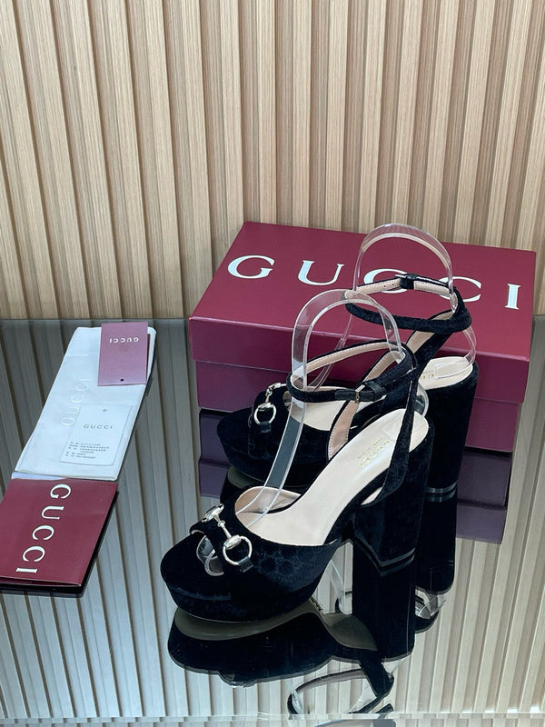 GG Horsebit Platform Sandals 15cm High Heel Black Velvet
