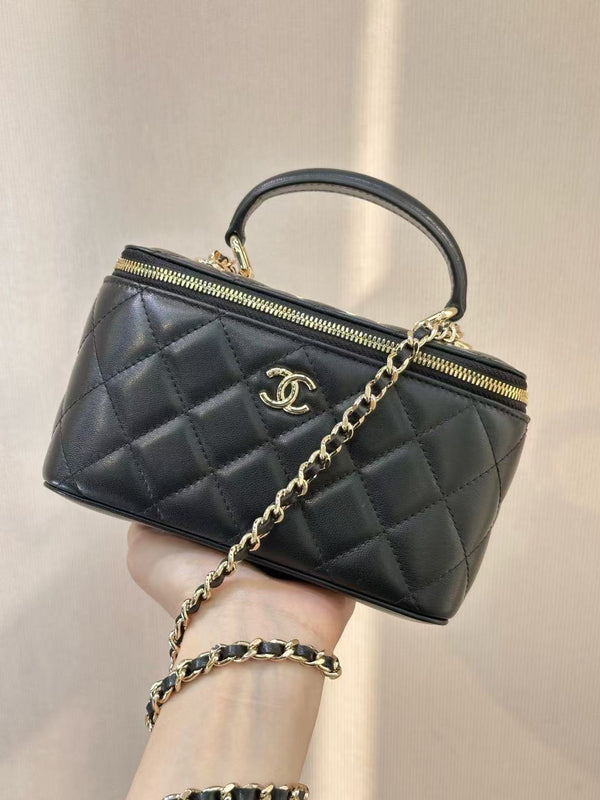 CC Mirror Vanity Case Top Handle Chain Strap Black Calfskin GHW