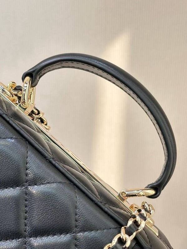 CC Mirror Vanity Case Top Handle Chain Strap Black Calfskin GHW