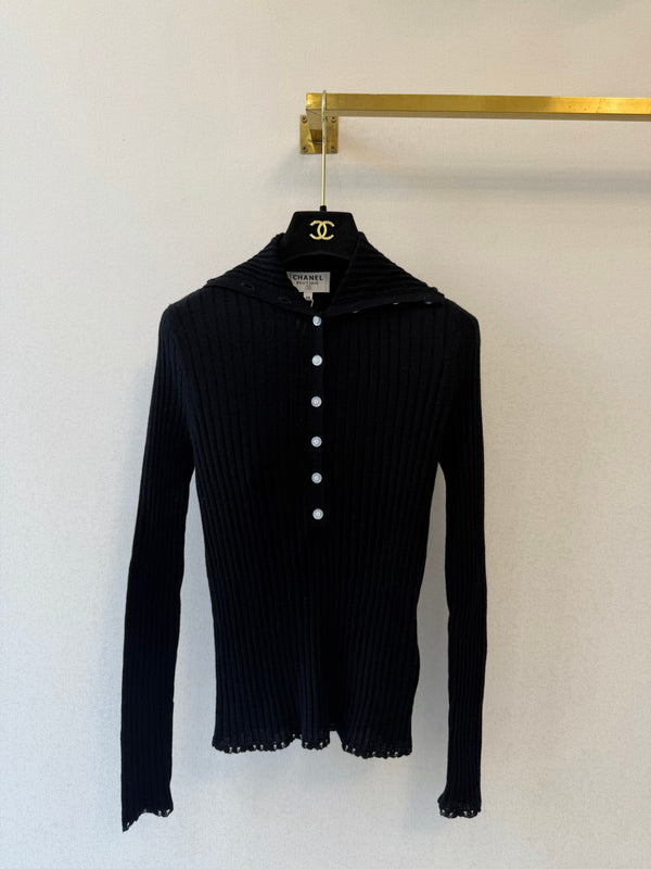 CC 26S Ribbed Knit Top Fold-Over Collar Button Placket Cashmere 433649