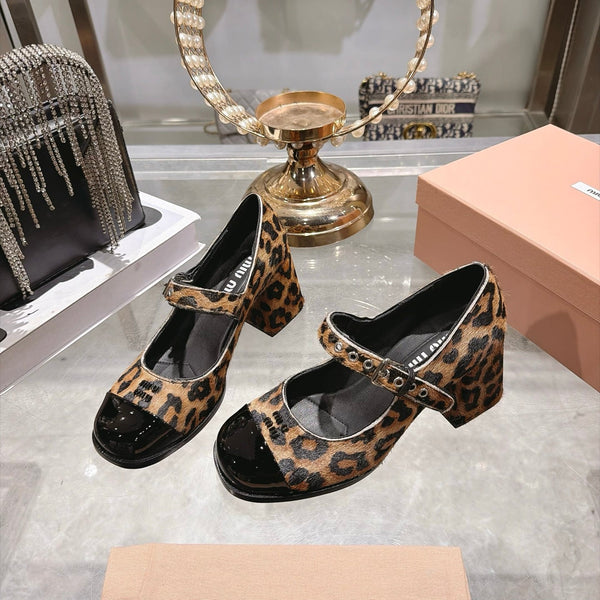Miu 26FW Mary Jane Pumps 7.5cm Square Toe Strap Leopard Print Pony Hair 190484