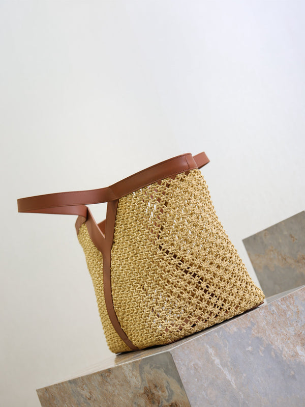YSL TOTE BAG IN TAN RAFFIA BROWN COWHIDE LEATHER