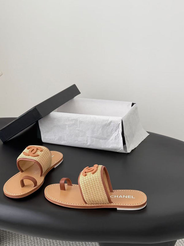 CC Toe Ring Thong Sandal In Beige Tan Brown Woven And Leather