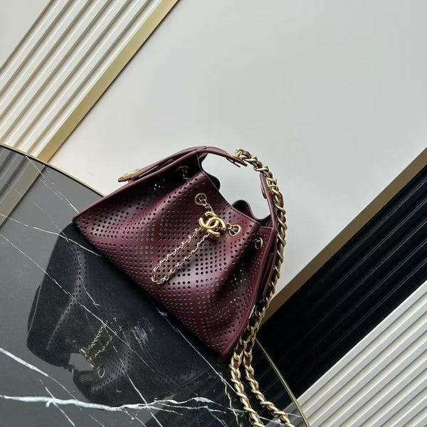 CC Hobo Bag 22cm Burgundy Perforated Soft Cowhide