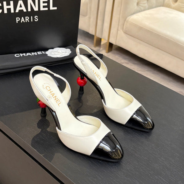 CC Métiers d'Art Apple Slingback Pumps 8.5cm Black White Cowhide Leather