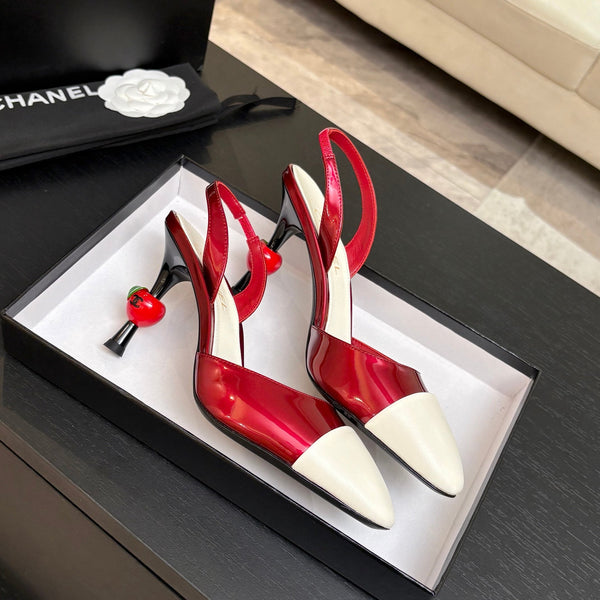 CC Métiers d'Art Apple Slingback Pumps 8.5cm White Red Cowhide Leather