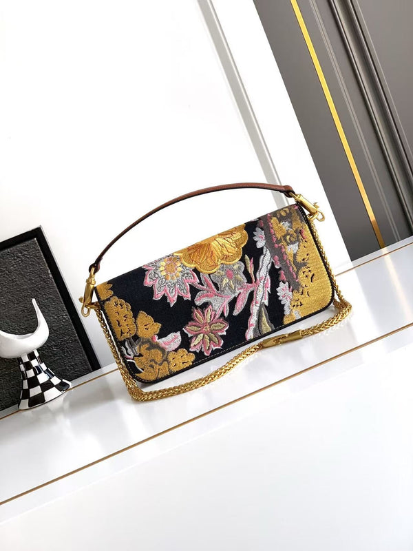 VLTN Locò Small Shoulder Bag Floral Embroidery 20cm Black Calfskin