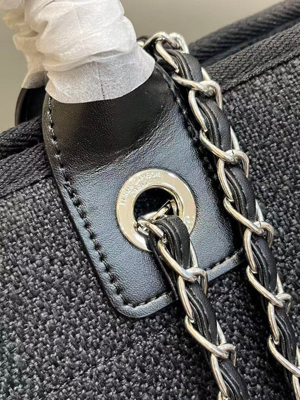 CC Deauville Tote Bag White Lettering Chain Strap 38cm Black Denim