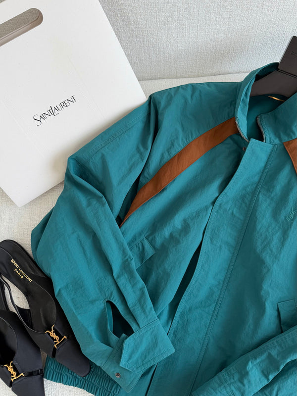 YSL Cassandre Windbreaker Jacket in Teal Nylon Faille