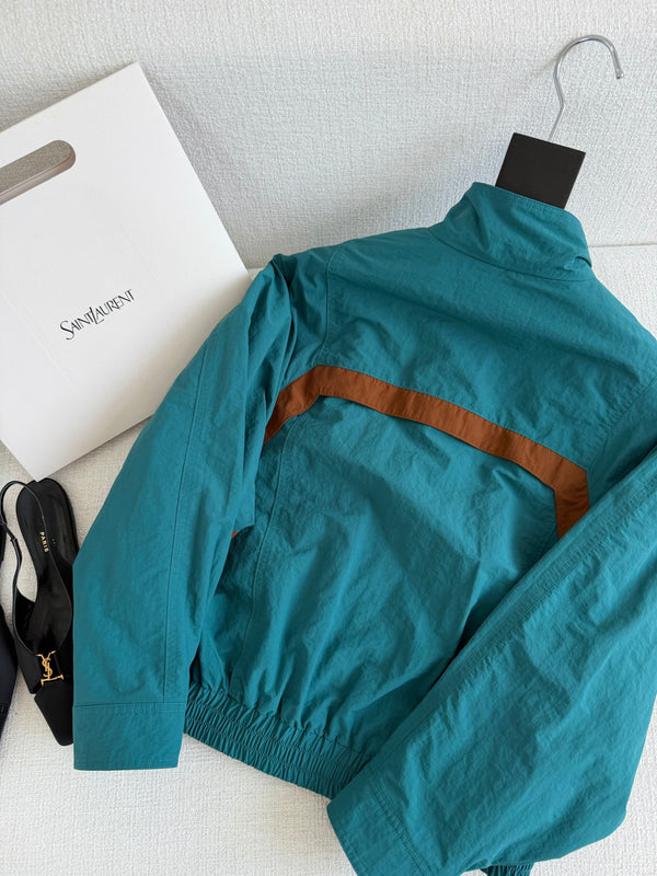 YSL Cassandre Windbreaker Jacket in Teal Nylon Faille