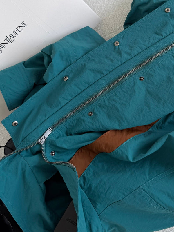YSL Cassandre Windbreaker Jacket in Teal Nylon Faille
